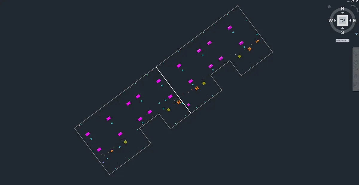 2D CAD Floor Plan from As-Built 3D Data 2D CAD floor plan view of an as-built layout in a CAD workspace, showing room outlines and survey/drafting markers.