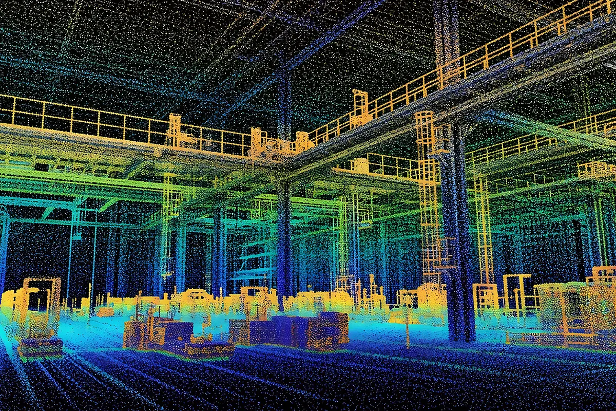 3D Point Cloud of an Industrial Hall (Colorized) Colorized 3D point cloud of an industrial hall with steel beams, catwalks, and machinery captured from an indoor laser scan.