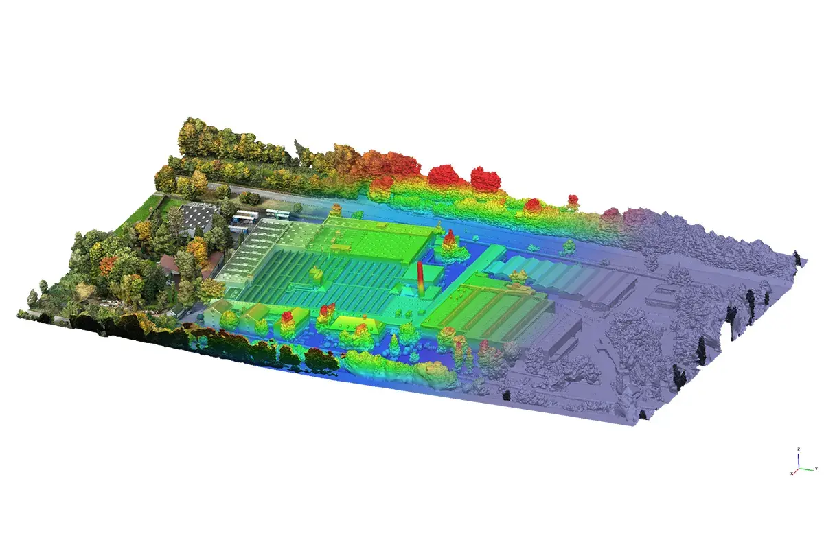 3D Point Cloud Site with Colorized Elevation Visualization 3D point cloud site with buildings and trees plus a colorized elevation visualization to show terrain height differences.