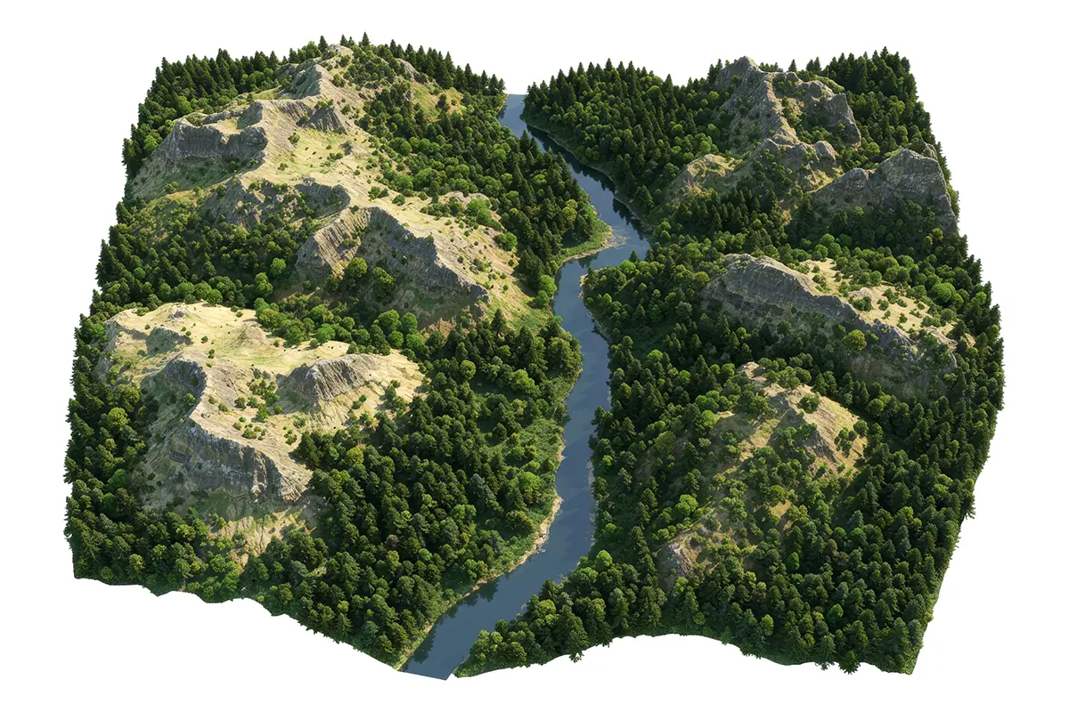 3D Terrain Model from a 3D Point Cloud (Forest & River) Colorized 3D point cloud of an industrial hall with steel beams, catwalks, and machinery captured from an indoor laser scan.