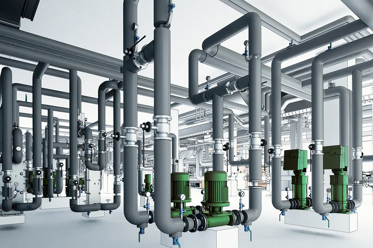 BIM MEP Heating System Model with Piping and Pumps BIM MEP 3D model of a heating plant with insulated piping, valves, and circulation pumps, used for coordination and as-built documentation.