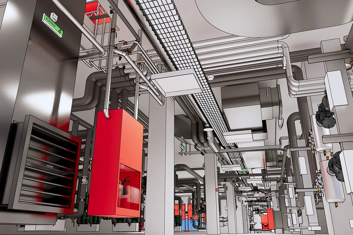 BIM MEP Mechanical Room Model for Coordination and Clash Detection Detailed BIM MEP 3D model of a mechanical room with piping, cable trays, valves, and equipment for coordination and clash detection.