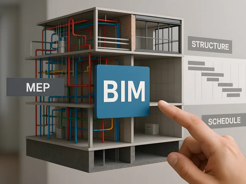 BIM / TGA: 3D-Modell mit MEP-Leitungsführung 3D-BIM-Modell eines Gebäudes mit farbigen TGA/MEP-Leitungen