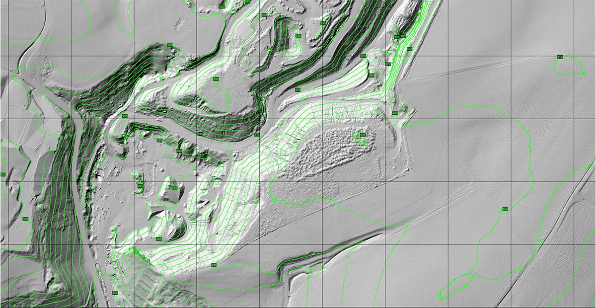 Contour Lines (DTM) on a Hillshade Terrain Model Grayscale digital terrain model (DTM) with green contour lines and elevation labels to show landforms, slopes, and height differences.