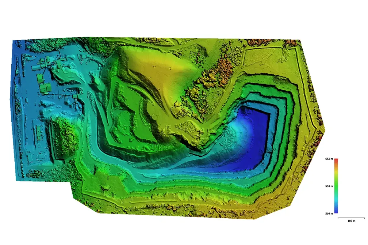 Digital Surface Model (DSM) with Colorized Elevation Steps Digital Surface Model (DSM) shown as a colorized elevation map with terrain slopes, surface features, and a legend for height ranges.