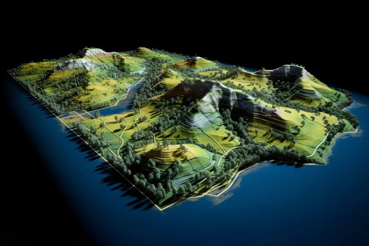 3D Visualization of a Digital Surface Model (DSM) 3D visualization of a Digital Surface Model (DSM) showing hills, vegetation, and surface shapes for an intuitive view of the terrain.