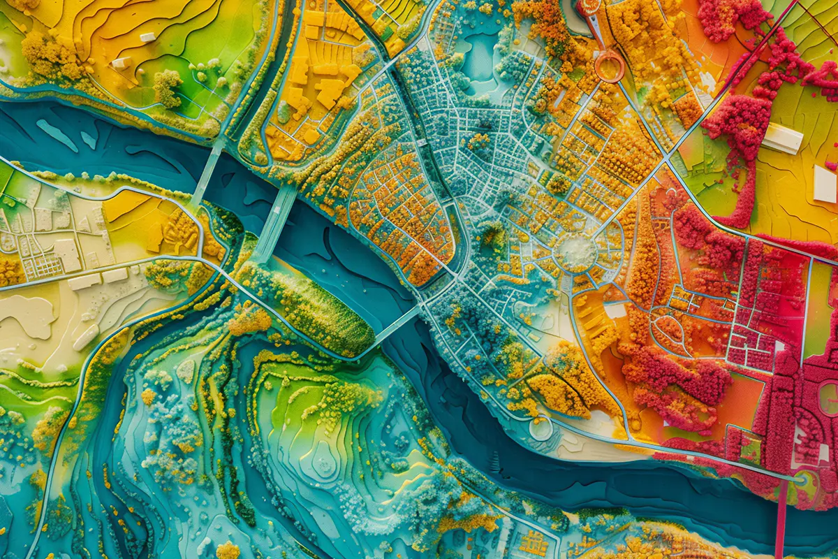Digital Surface Model (DSM): City Area with River (Colorized) Colorized Digital Surface Model (DSM) of a city area with river, roads, and structural details to visualize elevation differences.