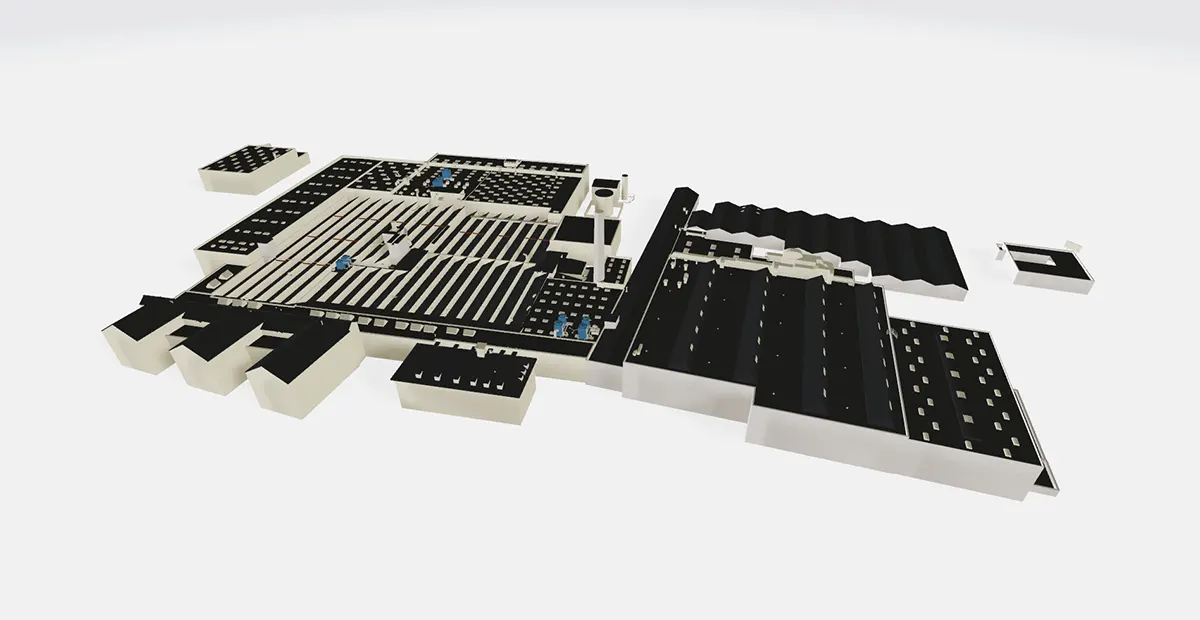 Digitaler Zwilling: 3D-CAD-Modell ohne Textur 3D-CAD-Modell eines Industrieareals ohne Textur als digitaler Zwilling auf Basis von 3D-Daten