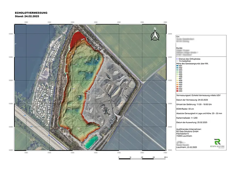 GIS Map Layout for Bathymetry Depth Contours and Reporting GIS map layout showing a bathymetry survey with color-coded depth values and contours, prepared as a plan for documentation and reporting.