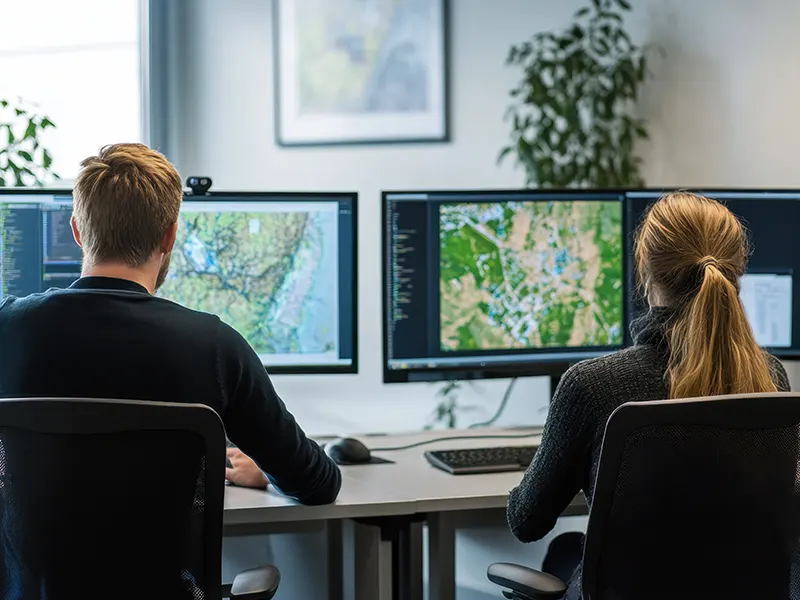 GIS Mapping and Spatial Data Review for Decision-Making Two people reviewing GIS maps on large monitors, analyzing spatial data layers for planning, documentation, and operational decisions.