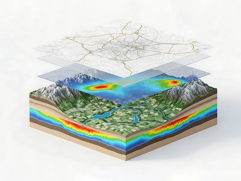 GIS-Datenvisualisierung als Layer-Modell mit Kartierung, Höhenlinien und Analyseebenen