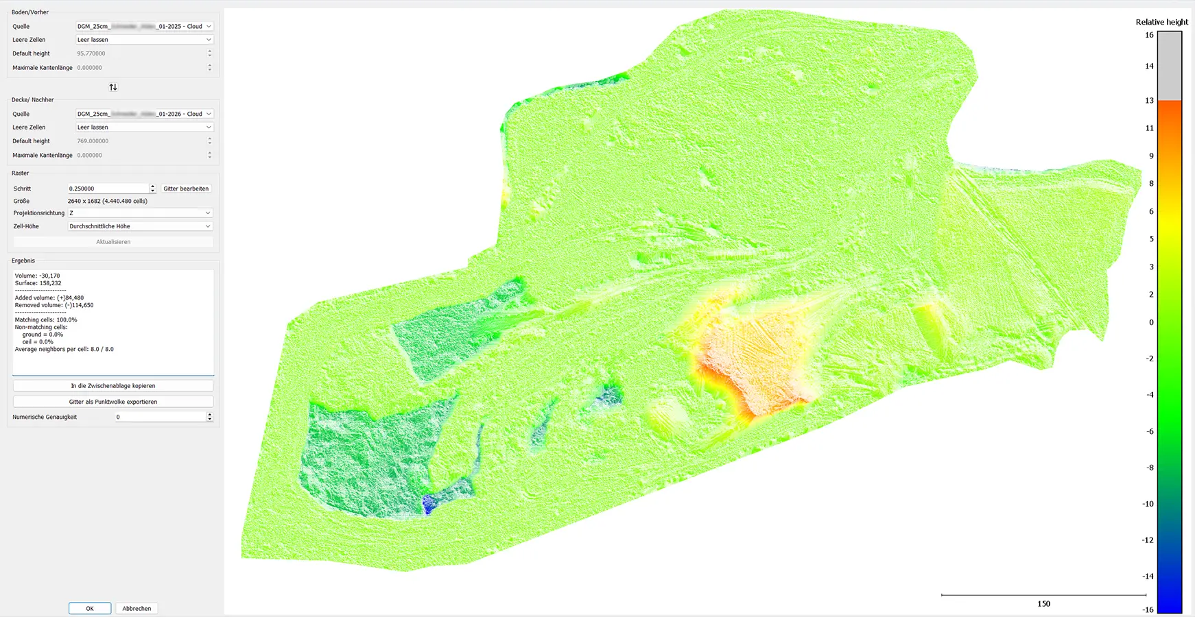 Volume Calculation: Colorized Difference Map (Relative Height) Colorized difference map for volume calculation with a “relative height” scale, visualizing cut and fill areas across a site.