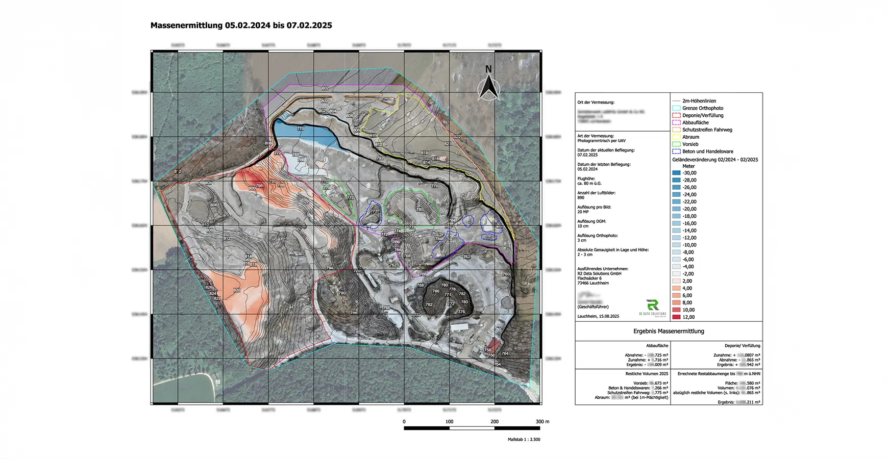 Volume Calculation Report with Terrain Change Map Map-based volume calculation report on an orthophoto background with contour lines, outlined analysis areas, and a legend for terrain change values.