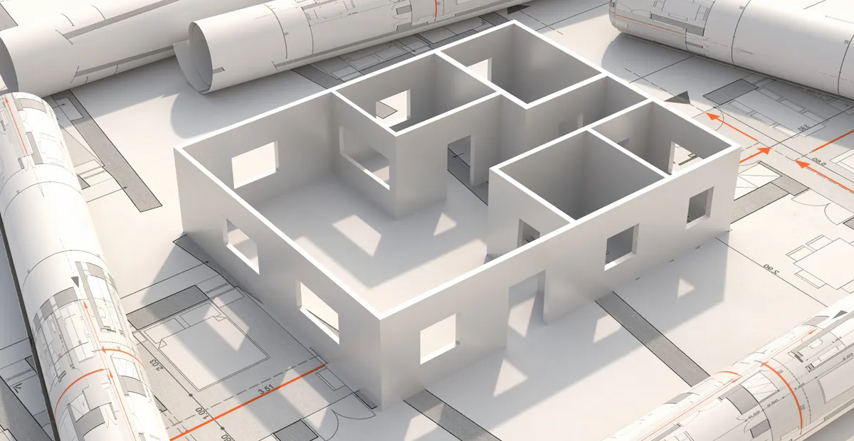 CAD 3D Building Model on Architectural Blueprint 3D CAD model of a building floor plan placed on architectural blueprints with rolled construction drawings in the background.