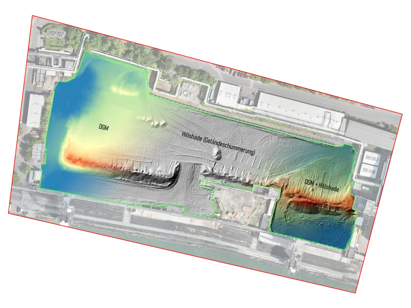 Orthophoto with hillshade relief visualization from a digital terrain model (DTM), highlighting slopes and terrain features across an industrial site.